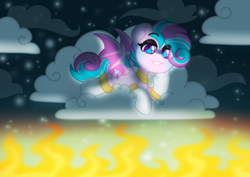 Size: 3508x2480 | Tagged: safe, artist:ninnydraws, derpibooru import, oc, oc only, oc:sweetie swirl, bat pony, bat pony oc, blue blush, blushing, clothes, cloud, cloudy, eyelashes, eyeshadow, femboy, fire, gold, long socks, looking down, lying down, makeup, male, night, outdoors, sky, socks, sparkle, stars