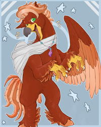 Size: 4320x5400 | Tagged: safe, artist:jennyfire, derpibooru import, oc, oc:pearl diver, classical hippogriff, hippogriff, abstract background, bandage, beak, blue background, broken bone, broken wing, cast, claws, colored wings, commission, hippogriff oc, hippogriffied, injured, jewelry, necklace, nonbinary, simple background, sling, smiling, species swap, standing, tail, wings