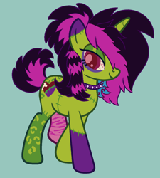 Size: 1247x1386 | Tagged: safe, artist:catponything, artist:x-iiaobases, derpibooru import, oc, oc only, oc:undead heart, pony, undead, unicorn, zombie, zombie pony, g4, bags under eyes, base used, bloodshot eyes, choker, colored eartips, colored pupils, coontails, eyeshadow, green eyeshadow, horn, lidded eyes, looking at you, makeup, red pupils, scene hair, smiling, smiling at you, spiked choker, stitched body, stitches, unicorn oc, walking