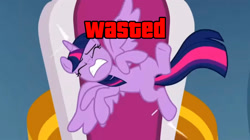 Size: 2266x1271 | Tagged: safe, derpibooru import, twilight sparkle, twilight sparkle (alicorn), alicorn, pony, g4, season 9, the ending of the end, eyes closed, grand theft auto, gritted teeth, link in description, meme, my little pony: friendship is magic, teeth, throne, wasted