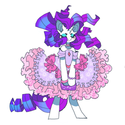 Size: 851x851 | Tagged: safe, artist:cutesykill, derpibooru import, rarity, semi-anthro, unicorn, g4, beauty mark, big ears, blue eyeshadow, bow, bracelet, choker, clothes, colored pinnae, detached sleeves, dress, ears, eyelashes, eyes closed, eyeshadow, female, flowing mane, frilly, frilly dress, horn, jewelry, lolita fashion, makeup, mare, necklace, pearl bracelet, purple mane, purple tail, ringlets, shiny mane, shiny tail, shoulderless, simple background, smiling, solo, standing, tail, thick eyelashes, unicorn horn, white background, white coat, wristband