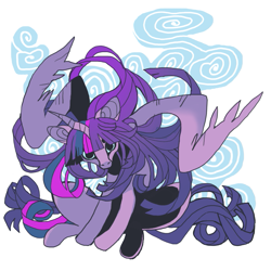 Size: 851x851 | Tagged: safe, artist:cutesykill, derpibooru import, twilight sparkle, twilight sparkle (alicorn), alicorn, pony, g4, abstract background, bangs, beanbrows, big ears, blue sclera, colored pinnae, colored sclera, crooked horn, dilated pupils, ears, eyebrows, facing you, female, flowing mane, flowing tail, gradient mane, gradient tail, horn, hunched over, lanky, large wings, long mane, long tail, looking at you, mare, no catchlights, no pupils, partially open wings, purple coat, purple mane, purple tail, skinny, staring into your soul, straight mane, straight tail, tail, tall, thin, three toned mane, three toned tail, uncanny valley, unicorn horn, wings