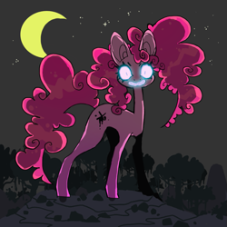 Size: 851x851 | Tagged: safe, artist:cutesykill, derpibooru import, pinkie pie, earth pony, pony, g4, alternate cutie mark, big ears, concave belly, creepy, creepy smile, crescent moon, curly hair, curly mane, curly tail, ears, forest, glowing, glowing eyes, glowing teeth, long legs, long neck, looking at you, moon, nature, night, outdoors, pink coat, pink mane, pink tail, sharp teeth, shiny mane, shiny tail, shrunken pupils, slender, slit eyes, smiling, solo, staring at you, staring into your soul, stars, tail, teeth, thin, tree, wide eyes, wide smile