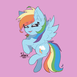 Size: 4200x4200 | Tagged: safe, artist:_inlaru_, artist:inlaru, derpibooru import, rainbow dash, pegasus, pony, g4, absurd resolution, chibi, colored, cute, digital art, eyes closed, feather, female, flat colors, full color, happy, mare, pegasus wings, rainbow, simple background, solo, wings