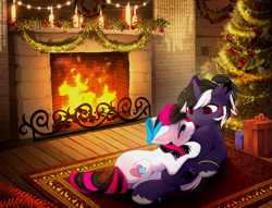 Size: 4509x3446 | Tagged: safe, artist:empress-twilight, derpibooru import, oc, oc only, oc:bb wolf, oc:heart stitches, pony, unicorn, back fluff, black and white mane, black and white tail, blue bow, blue coat, blue eyes, blue pupils, bow, candle, cheek fluff, chest fluff, christmas, christmas tree, colored pupils, cuddling, detailed background, ear fluff, ears, eye clipping through hair, eyebrows, eyebrows visible through hair, eyelashes, female, female oc, fireplace, gray hooves, hair accessory, hair bow, hair tie, high res, hock fluff, holiday, horn, indoors, leg fluff, lidded eyes, looking at each other, looking at someone, lying down, male, male oc, mane accessory, mane tie, mare, mare oc, oc x oc, on back, ponytail, present, profile, red eyes, red pupils, rug, shiny mane, shiny tail, shipping, shoulder fluff, smiling, smiling at each other, stallion oc, straight, straight mane, straight tail, tail, three quarter view, tree, two toned mane, two toned tail, unicorn horn, unicorn oc, white coat, wreath