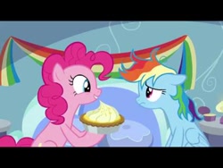 Size: 480x360 | Tagged: safe, derpibooru import, screencap, pinkie pie, rainbow dash, earth pony, pegasus, pony, g4, season 7, secrets and pies, food, messy mane, my little pony: friendship is magic, pie, psychological torture, pun, this will come back to haunt, this will lead to chaos, this will lead to loss of trust, this will lead to lynching, this will lead to outrage, this will lead to persecution, this will lead to ponyhunts, this will lead to prejudice, this will lead to riots, this will lead to trouble, this will lead to violence, this will lead to war, visual pun