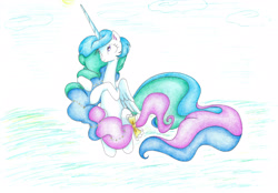 Size: 2228x1548 | Tagged: safe, artist:bluemagic, derpibooru import, princess celestia, alicorn, pony, g4, ethereal mane, ethereal tail, horn, simple background, sitting, tail, wings