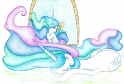 Size: 2272x1544 | Tagged: safe, artist:bluemagic, derpibooru import, princess celestia, alicorn, pony, g4, ethereal mane, ethereal tail, horn, simple background, sleeping, tail, wings