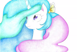 Size: 2266x1544 | Tagged: safe, artist:bluemagic, derpibooru import, princess celestia, alicorn, pony, g4, bust, ethereal mane, horn, portrait, simple background, tail, white background