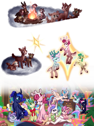 Size: 1280x1707 | Tagged: safe, artist:computerstickman, derpibooru import, alice the reindeer, aurora the reindeer, bori the reindeer, princess celestia, princess luna, oc, oc:banana bliss, oc:northern wishes, oc:periwinkle, oc:star wishes, deer, reindeer, g4, ascension, campfire, curved horn, deerified, fire, horn, rebirth, reindeerified, species swap, story included, the gift givers, transformation