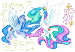 Size: 2252x1564 | Tagged: safe, artist:bluemagic, derpibooru import, princess celestia, princess luna, alicorn, pony, g4, abstract background, ethereal mane, ethereal tail, flying, horn, tail, wings