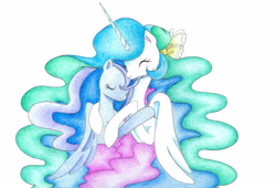 Size: 2278x1550 | Tagged: safe, artist:bluemagic, derpibooru import, princess celestia, princess luna, alicorn, pony, g4, horn, hug, simple background, white background, wings