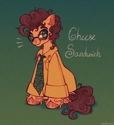 Size: 1274x1404 | Tagged: safe, artist:emobricosss, derpibooru import, cheese sandwich, earth pony, pony, g4, brown mane, brown tail, clothes, collared shirt, colored eyebrows, colored pinnae, curly hair, curly mane, curly tail, cute, diacheeses, ear fluff, ear piercing, earring, ears, emanata, glasses, gradient background, green eyes, grin, jewelry, looking at you, male, name, necktie, noise, orange coat, orange hooves, oversized clothes, oversized shirt, piercing, shiny hooves, shirt, sitting, smiling, smiling at you, solo, stallion, tail, three quarter view, unshorn fetlocks, white pupils