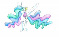 Size: 2208x1386 | Tagged: safe, artist:bluemagic, derpibooru import, princess celestia, alicorn, pony, g4, ethereal mane, ethereal tail, horn, simple background, spread wings, tail, white background, wings