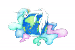 Size: 2132x1410 | Tagged: safe, artist:bluemagic, derpibooru import, princess celestia, alicorn, pony, g4, ethereal mane, ethereal tail, globe, horn, simple background, tail, white background, wings