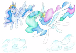 Size: 2238x1560 | Tagged: safe, artist:bluemagic, derpibooru import, princess celestia, princess luna, alicorn, pony, g4, cloud, ethereal mane, ethereal tail, flying, hat, horn, simple background, spread wings, tail, wings