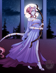 Size: 2550x3300 | Tagged: safe, artist:askbubblelee, derpibooru import, oc, oc only, oc:rosie quartz, anthro, unguligrade anthro, unicorn, anthro oc, bow (weapon), bracelet, choker, clothes, curved horn, digital art, dress, epic the musical, eyebrows, eyebrows visible through hair, female, full moon, hair bun, horn, jewelry, leonine tail, lipstick, looking at you, mare, moon, night, night sky, off shoulder, ring, side slit, sky, solo, starry night, stars, tail, tail fluff, tail ring, unicorn oc