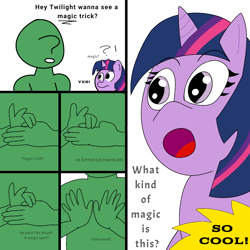 Size: 1280x1280 | Tagged: safe, artist:cosmicwaves35, derpibooru import, twilight sparkle, oc, oc:anon, unicorn, g4, comic, finger trick, horn, impressed, magic, magic trick