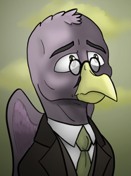 Size: 624x840 | Tagged: safe, artist:notoriousnostalgia, derpibooru import, oc, oc only, oc:ceron greytalon, griffon, equestria at war mod, beak, bust, clothes, digital art, facial hair, folded wings, glasses, gradient background, griffon oc, jacket, looking to side, looking to the right, male, moustache, necktie, new characters for equestria at war, new characters for equestria at war mod, portrait, solo, suit, wings