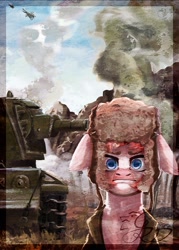 Size: 742x1038 | Tagged: safe, artist:thatonegib, derpibooru import, oc, oc only, pony, army, clothes, cyrillic, eastern front, hat, kv-2, meme, military, outdoors, reference, russian, solo, soviet, tank (vehicle), thousand yard stare, uniform, ushanka, vehicle, war, world war ii