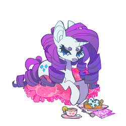 Size: 851x851 | Tagged: safe, artist:cutesykill, derpibooru import, rarity, pony, unicorn, g4, beanbrows, beauty mark, big ears, blue eyes, colored eyebrows, cup, ears, eyebrows, eyelashes, female, food, gradient mane, gradient tail, horn, lidded eyes, lying down, mare, no mouth, pie, pillow, plate, prone, ringlets, small horn, solo, spoon, tail, teacup, thick eyelashes, three quarter view, unicorn horn, white coat