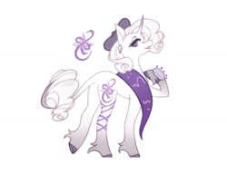 Size: 1620x1246 | Tagged: safe, artist:anemonaii, derpibooru import, part of a set, rarity, pony, unicorn, g4, alternate design, alternate eye color, alternate mane color, alternate tail color, alternate tailstyle, beauty mark, beret, cascading cutie mark, clothes, colored eyebrows, colored hooves, colored pupils, curved horn, ear piercing, earring, eyelashes, eyeshadow, female, fetlock tuft, gradient horn, gradient legs, gradient tail, hat, hoof on chest, hooves, horn, jewelry, leonine tail, lipstick, looking back, makeup, mare, piercing, pincushion, purple eyes, purple eyeshadow, purple hooves, raised leg, red lipstick, red pupils, redesign, scarf, signature, simple background, smiling, solo, tail, thin tail, underhoof, unicorn horn, white background, white coat, white mane, white tail