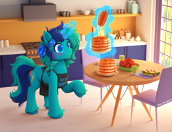 Size: 3081x2351 | Tagged: safe, artist:moetempura, derpibooru import, oc, oc only, oc:rocky blues, pony, unicorn, apron, bandana, blushing, breakfast, chair, clothes, commissioner:rockatdusk, counter, cup, food, fruit, horn, indoors, kitchen, magic, magic aura, male, omelette, pancakes, solo, stallion, stallion oc, stove, syrup, table, unicorn oc, window