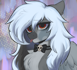 Size: 2200x2000 | Tagged: safe, artist:alunedoodle, derpibooru import, oc, oc only, oc:hush whisper, pegasus, pony, abstract background, bust, chest fluff, choker, eyelashes, female, jewelry, long hair, necklace, portrait, solo, tongue, tongue out, wings