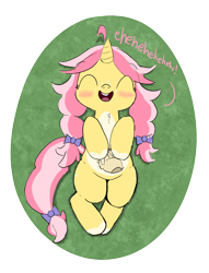 Size: 1790x2349 | Tagged: safe, artist:bobblygobbly, derpibooru import, oc, oc only, oc:crafty circles, pony, unicorn, belly, bellyrubs, blushing, bow, braid, braided pigtails, disembodied hand, eyes closed, female, filly, foal, grass, hair bow, hand, horn, lying down, not kettle corn, on back, pale belly, pigtails, smiling, tail, tail bow, text, tied tail, unicorn oc