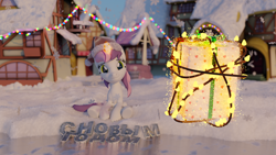 Size: 3840x2160 | Tagged: safe, artist:ytkitty, derpibooru import, oc, oc only, oc:sweetieck dreams, pony, unicorn, g4, 3d, blender, butt, colored hooves, cute, eyelashes, female, filly, flower, foal, green eyes, happy new year, holiday, hooves, horn, magic, mare, not sweetie belle, outdoors, plot, present, snow, snowfall, tail, tree, two toned mane, two toned tail, unicorn horn