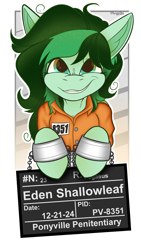 Size: 2160x3840 | Tagged: safe, artist:spoopy-abby, derpibooru import, oc, oc only, oc:eden shallowleaf, pegasus, pony, badge, clothes, commissioner:rainbowdash69, con badge, cuffs, jumpsuit, never doubt rainbowdash69's involvement, prison outfit, solo