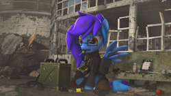 Size: 3840x2160 | Tagged: safe, artist:chacek757, derpibooru import, oc, oc only, oc:angley, pegasus, fallout equestria, 3d, bag, bone, clothes, enclave, enclave uniform, frustrated, glasses, laser pistol, pipbuck, radio, saddle bag, screwdriver, skeleton, solo, source filmmaker, uniform, wings