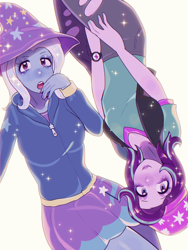 Size: 2175x2900 | Tagged: safe, artist:kekibon, derpibooru import, starlight glimmer, trixie, equestria girls, g4, arms, beanie, breasts, bust, clothes, denim, duo, duo female, eyelashes, female, hand, hat, hoodie, jeans, legs, lesbian, long hair, long sleeves, pants, ripped jeans, ripped pants, shipping, shirt, short sleeves, skirt, startrix, t-shirt, teenager, torn clothes, trixie's hat, upside down, vest, watch, wristwatch, zipper