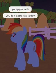 Size: 331x430 | Tagged: safe, derpibooru import, rainbow dash, pegasus, pony, g4, cute, dialogue, farm, joke, meme, my little pony: friendship is magic, outdoors, roblox, roleplay is magic, solo, speech bubble, text