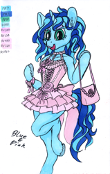 Size: 762x1200 | Tagged: safe, artist:sepiakeys, derpibooru import, oc, oc:blue giggles, anthro, digitigrade anthro, unicorn, crossdressing, horn, male, purse, solo, traditional art