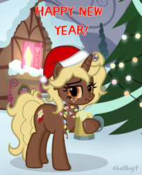 Size: 1043x1280 | Tagged: safe, artist:6hellboy9, derpibooru import, oc, oc only, oc:kesha, pony, unicorn, christmas, christmas tree, freckles, garland, happy new year, hat, holiday, horn, outdoors, piercing, santa hat, tree, unicorn oc, winter