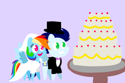 Size: 1935x1285 | Tagged: safe, anonymous artist, derpibooru exclusive, derpibooru import, rainbow dash, soarin', pegasus, pony, series:soarindash romantic tales, series:soarindash wedding, g4, cake, clothes, cute, dashabetes, dress, female, food, heartwarming, male, mare, marriage, married couple, pointy ponies, primal, rainbow dash is best pony, shipping, smiling, soarinbetes, soarindash, stallion, straight, sweet dreams fuel, tuxedo, wedding, wedding dress, yummy