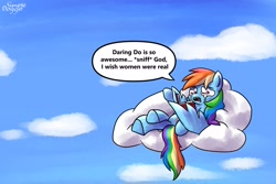 Size: 3000x2000 | Tagged: safe, artist:simpledoggo, derpibooru import, rainbow dash, pegasus, pony, g4, book, cloud, crying, female, implied daring do, on a cloud, outdoors, sitting, sitting on cloud, solo, speech bubble, text