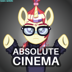 Size: 1472x1462 | Tagged: safe, artist:codenamekid, derpibooru import, moondancer, pony, unicorn, g4, absolute cinema, caption, clothes, female, glasses, highlights, hooves up, horn, image macro, looking at you, mare, meme, messy mane, my little pony: friendship is magic, ponified, ponified meme, shadow, solo, spread hooves, sweater, text