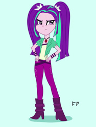 Size: 828x1104 | Tagged: safe, artist:funnypancake, derpibooru import, adagio dazzle, aria blaze, sonata dusk, equestria girls, g4, antagonist, belt, boots, bracelet, bully, clothes, evil, evil smile, frown, jewelry, necklace, pants, purple eyes, purple hair, purple skin, shoes, simple background, smiling, teal background, teal hair, the dazzlings, villainess