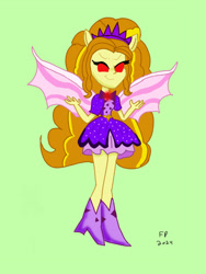 Size: 828x1104 | Tagged: safe, artist:funnypancake, derpibooru import, adagio dazzle, aria blaze, sonata dusk, siren, equestria girls, g4, rainbow rocks, antagonist, battle of the bands, boots, clothes, curly hair, dress, evil, evil smile, gem, green background, headband, jewelry, necklace, orange hair, purple dress, red eyes, shoes, simple background, singing, siren gem, smiling, spikes, the dazzlings, wings