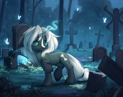 Size: 3700x2937 | Tagged: safe, artist:avroras_world, derpibooru import, oc, oc:tenderness, butterfly, pony, undead, unicorn, zombie, zombie pony, food, glowing, glowing horn, gravestone, graveyard, horn, ice cream, melting, outdoors, popsicle, solo