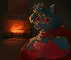 Size: 1557x1318 | Tagged: safe, artist:moonixora, derpibooru import, oc, oc only, oc:pine dusk, changedling, changeling, pony, changedling oc, changeling oc, chimchar, chocolate, fireplace, food, glasses, horn, hot chocolate, indoors, lightly watermarked, lying down, mug, piplup, pokémon, pokémon diamond and pearl, ponysona, red eyes, smiling, solo, turtwig, watermark