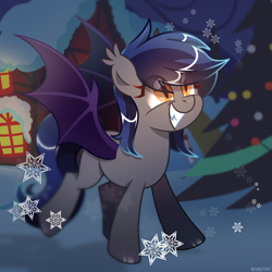 Size: 2000x2000 | Tagged: safe, artist:scarffist, derpibooru exclusive, derpibooru import, oc, oc only, oc:echo, bat pony, pony, base used, bat ears, bat eyes, bat pony oc, bat wings, christmas, christmas tree, cute, evening, fangs, golden eyes, gritted teeth, happy, happy new year, holiday, long hair, long mane, long tail, looking up, new year, night, outdoors, smiling, snow, snowfall, snowflake, solo, tail, teeth, tree, walking, wings, winter