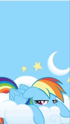 Size: 679x1200 | Tagged: artist needed, source needed, safe, derpibooru import, rainbow dash, pegasus, pony, g4, cloud, ears, floppy ears, lying down, on a cloud, prone, solo