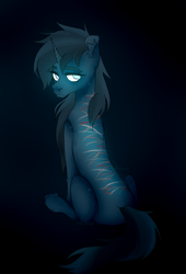 Size: 2356x3456 | Tagged: safe, artist:delicious, derpibooru import, oc, oc only, oc:cathedral of the martyrs, pony, unicorn, fallout equestria, ashes town, dark background, female, full body, horn, solo, thin, white eyes