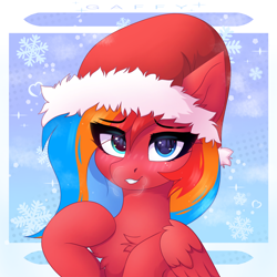 Size: 3300x3300 | Tagged: safe, artist:gaffy, derpibooru import, oc, oc only, oc:gaffy, abstract background, blushing, chest fluff, christmas, ear fluff, ears, half, happy new year, hat, holiday, looking at you, modular, santa hat, wings