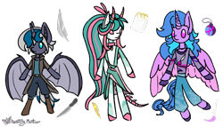 Size: 952x546 | Tagged: safe, artist:destiny_manticor, derpibooru import, oc, oc only, oc:crimson watermelon, oc:elizabat stormfeather, oc:saphira moon, alicorn, bat pony, bat pony alicorn, ghoul, original species, pony, semi-anthro, undead, alicorn oc, bat wings, bone tail, brush, clothes, collar, colored wings, curly hair, curly mane, digital art, feather, female, goat horns, horn, horn markings, horns, jewelry, knife, long mane, mare, not celestia, not izzy moonbow, not luna, notebook, pen, plushie, pony plushie, simple background, spikes, transparent background, trio, two toned mane, two toned wings, unshorn fetlocks, wings