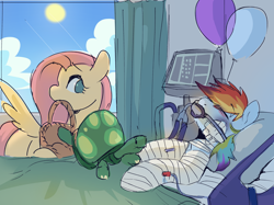 Size: 3334x2500 | Tagged: safe, artist:piesinful, derpibooru import, fluttershy, rainbow dash, tank, pegasus, pony, tortoise, comic:unlucky day, fanfic:cupcakes, g4, balloon, bandage, bandaged chest, bandaged leg, bandaged neck, basket, bed, day, eyes closed, female, high res, hospital, hospital bed, indoors, injured, looking at someone, looking sideways, mare, mouth hold, no pupils, spread wings, trio, ventilator, window, wings