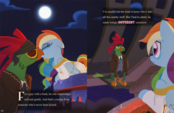 Size: 5100x3300 | Tagged: safe, artist:bearmation, derpibooru import, rainbow dash, pegasus, pony, g4, absurd file size, absurd resolution, alternate hairstyle, clothes, crack shipping, dress, eyes closed, female, full moon, kiss on the lips, kissing, male, mare, moon, mullet (g4), outdoors, parrot pirates, pirate, ship:mulletdash, shipping, story included, straight, text